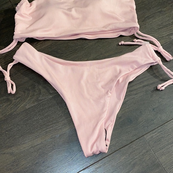 Rib Drawstring Side Bandeau Bikini Pink Set - Picture 4 of 5